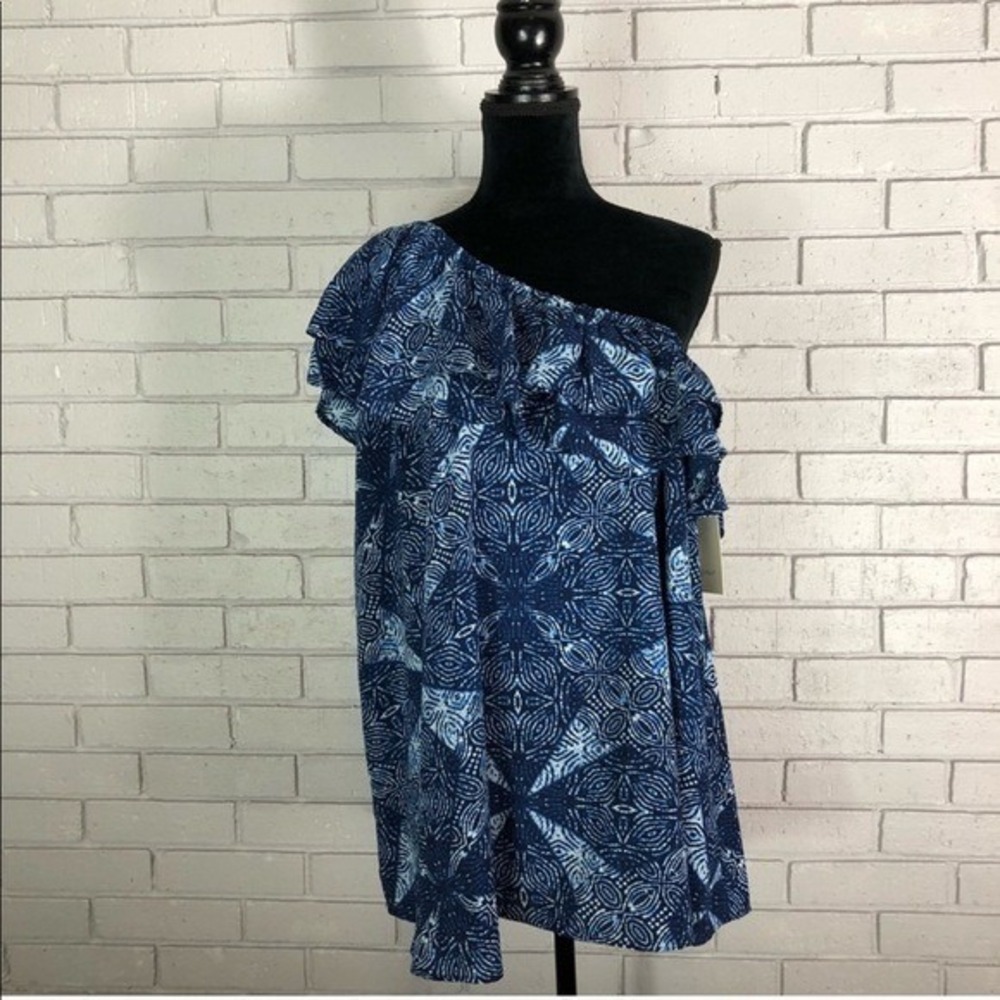 SEJOUR Navy Blue White Geometric Medallion One Shoulder Ruffle Top NWT 20W